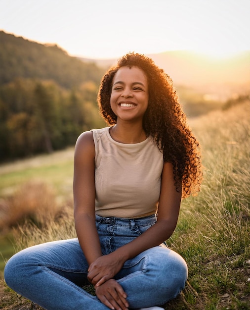 A beautiful black Lady happy with the beauty of the nature