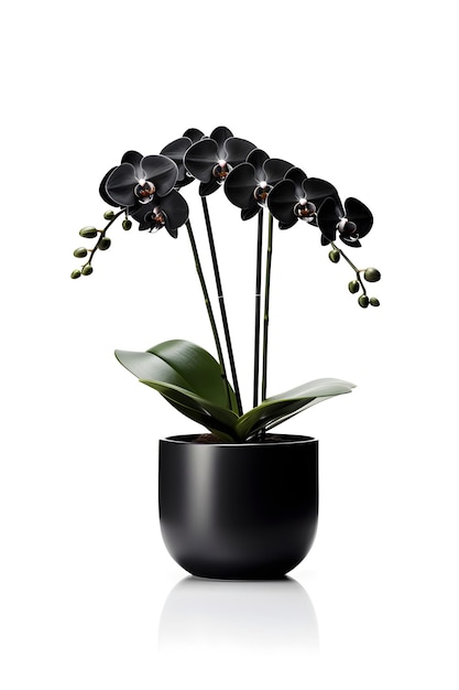 Beautiful black orchid flower in ceramic pot on white background