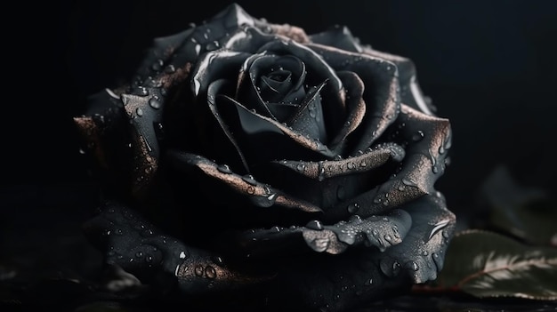 Beautiful black rose with dew drops on a dark backgroundgenerative ai