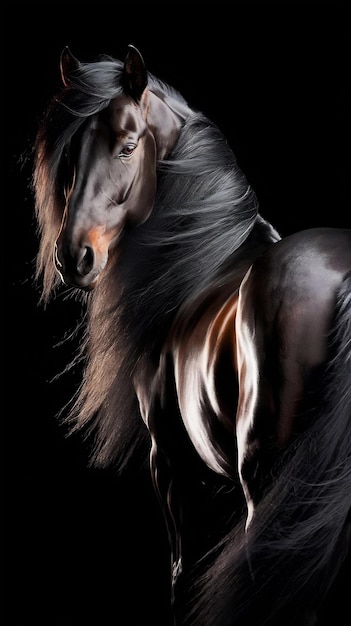 Photo beautiful black stallion on black background studio shot backlight