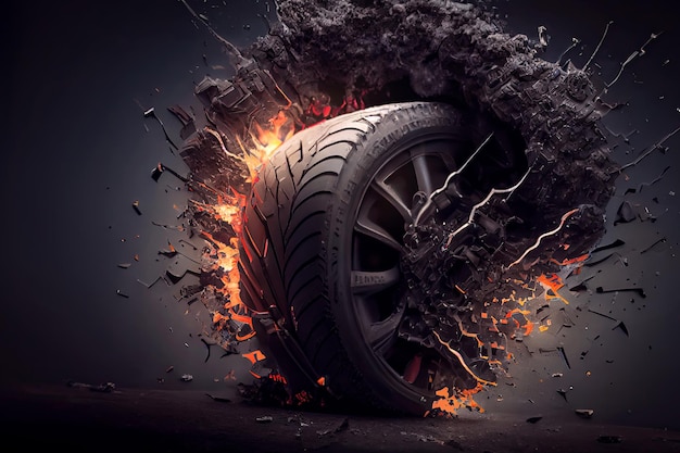 Beautiful black wheel dramatically rolls into the scene enveloped in billowing smoke and intense