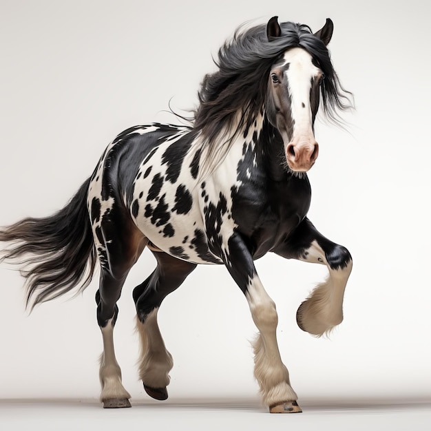 Beautiful black and white welsh cob stallion posing in studio