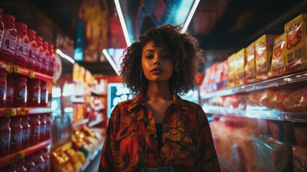 A beautiful black woman in the background of a grocery store The girl came to buy groceries at the supermarket