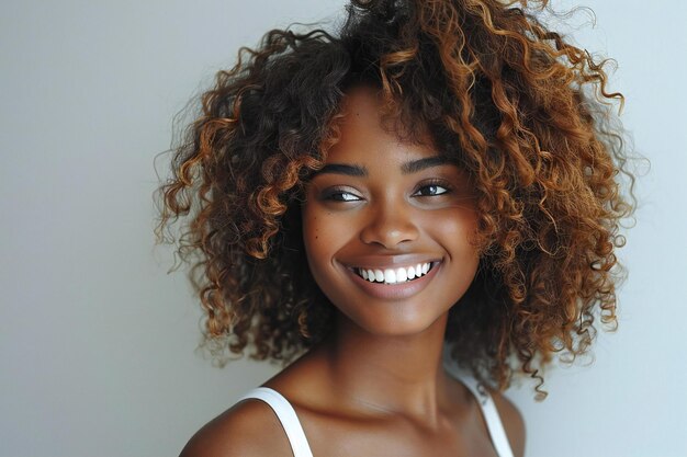 A beautiful black woman is smiling with curly hair and natural brown skin she is wearing a white ta