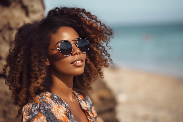 A beautiful black woman poses on a sunny beach wearing stylish sunglasses