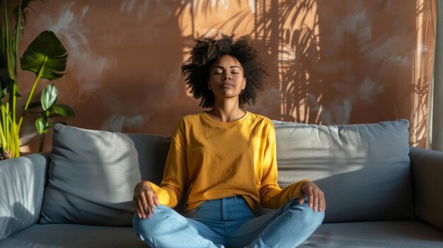 A beautiful black woman sitting on a couch with her eyes closed and performing soothing breathing exercises Mental Health Relaxation Meditation Yoga Selfcontrol concepts