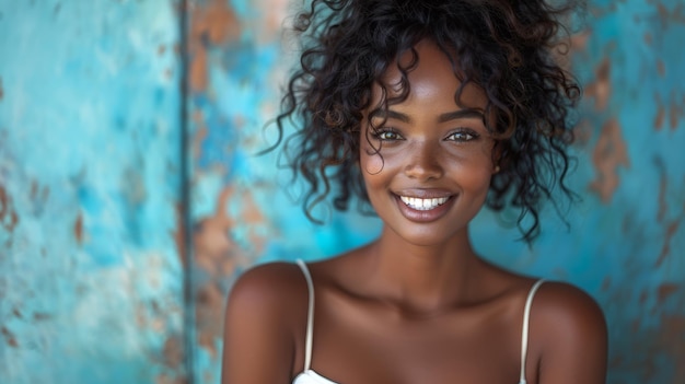 Beautiful Black Woman Smiling Against Blue Artistic Background