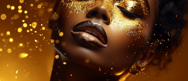 A beautiful black woman with golden glitter on her face creates an enchanting and luxurious