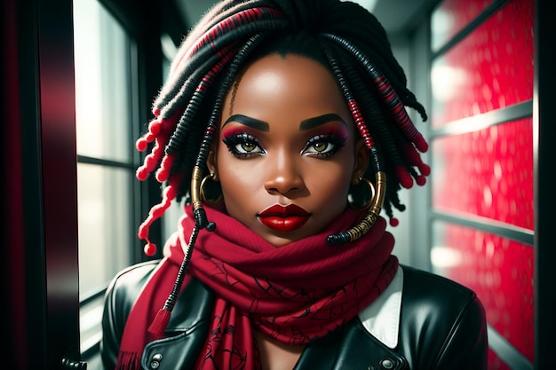 beautiful black woman with a red scarf and a black scarf