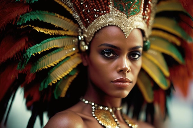 A beautiful black young woman adorned in traditional carnival clothing and dazzling jewelry poses for a glamorous headshot in Brazil Ai generated