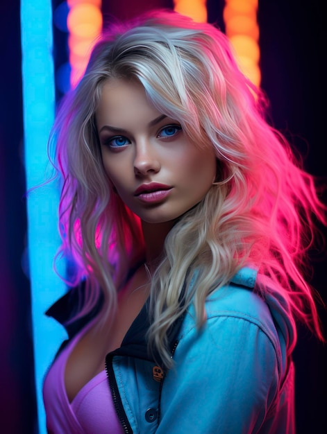 Beautiful blond blue eyes woman model posing on vivid background