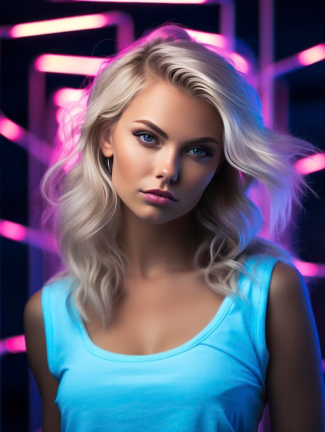 Beautiful blond blue eyes woman model posing on vivid background