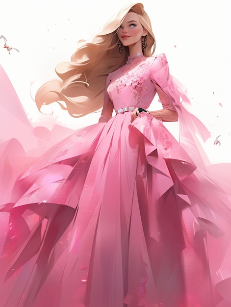 Beautiful blond princess cartoon with blue eyes bouquet of flowers pink Gown Dress ball fairy tale