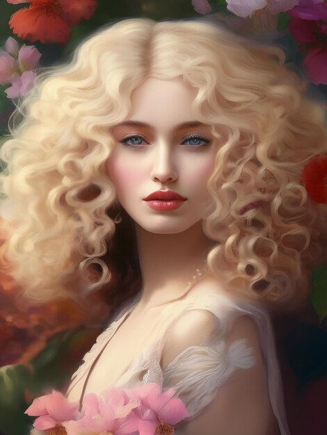 A beautiful blond woman with curly hair and a flower