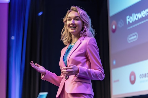 Beautiful blonde business woman giving presentation in a conference