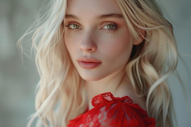 Beautiful blonde fashion model in red close up portrait