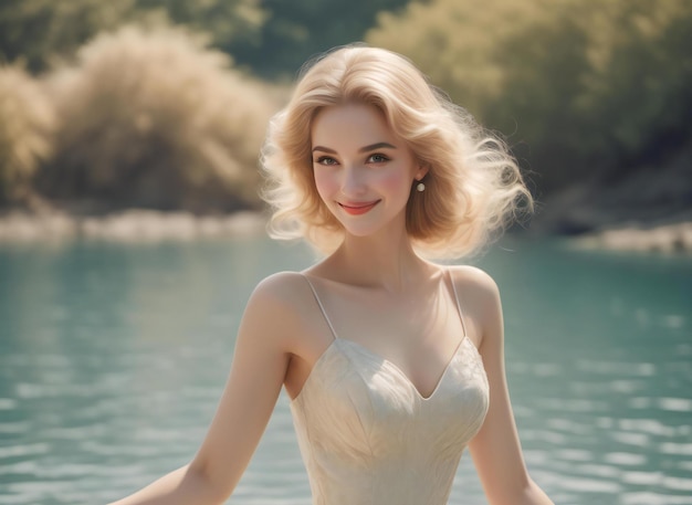 Beautiful blonde girl in a white dress on the background of the river