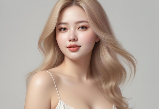 Beautiful blonde girl with clean fresh skin on gray background Face care Facial treatment Cosmeto