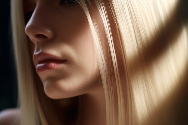 A beautiful blonde hair with straight long streaks in the style of smooth and polished with Generative AI