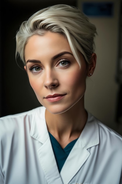 Beautiful blonde hair woman nurse Portrait of blonde cute nurse whit a white coat