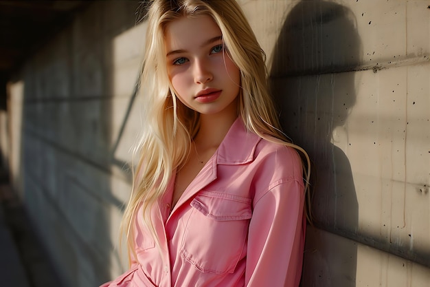 A beautiful blonde teenage model poses in a pink outfit