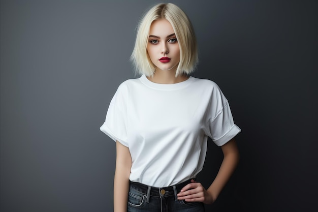 Beautiful blonde in a white Tshirt and red lips on a gray background