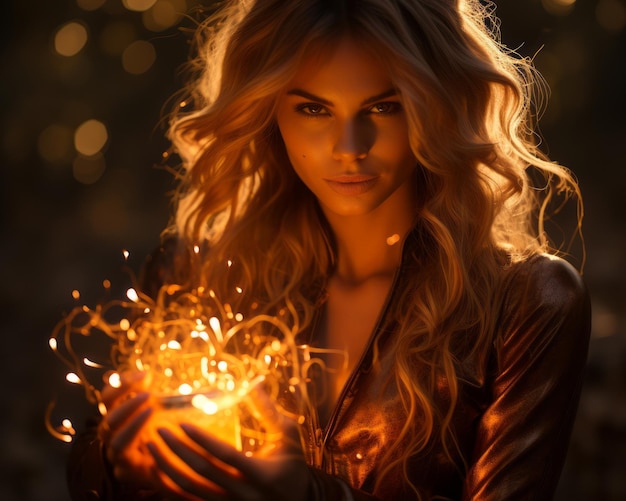 a beautiful blonde woman holding a glowing ball of light