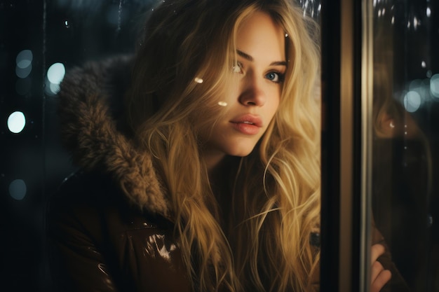 a beautiful blonde woman looking out the window at night