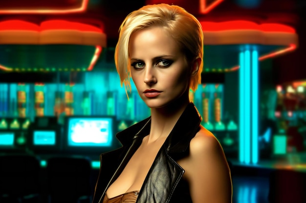 A beautiful blonde woman in a nightclub with neon lights