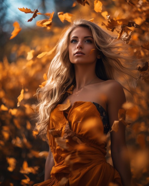 a beautiful blonde woman in an orange dress is surrounded by autumn leaves