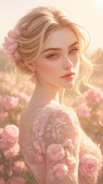 beautiful blonde woman in a pink bridal gown posing on the rose garden