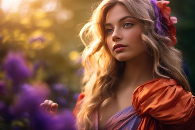 a beautiful blonde woman in a purple dress with flowers in her hair