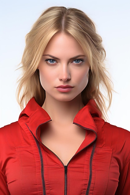 Beautiful blonde woman in a red jacket on a white background