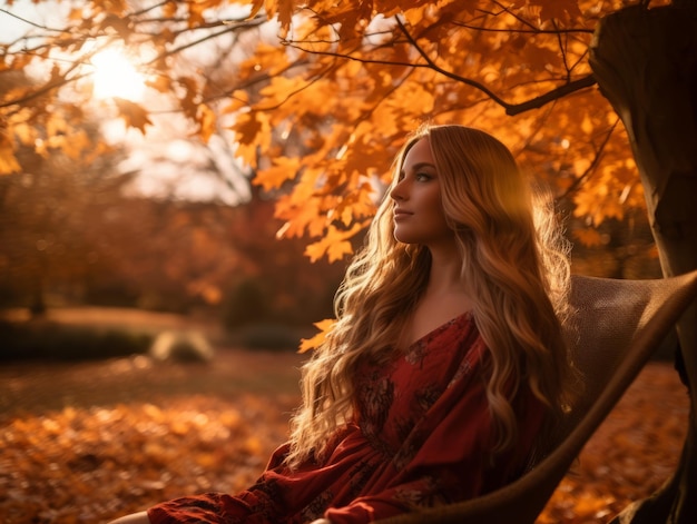 a beautiful blonde woman sitting in a chair in an autumn forest