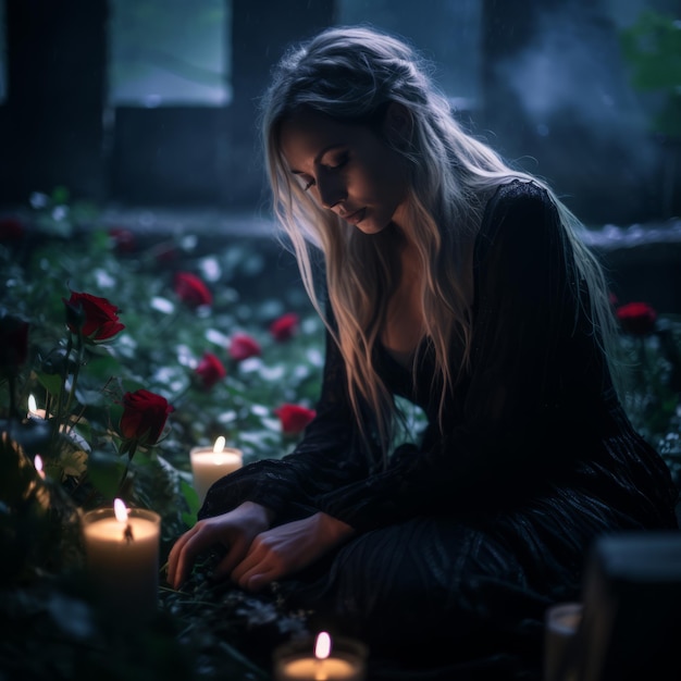 a beautiful blonde woman sitting in the grass surrounded by candles