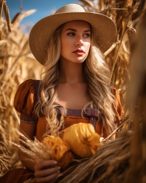 a beautiful blonde woman in a straw hat holding a pumpkin in the middle of a wheat field