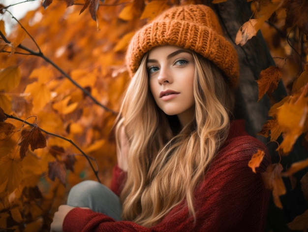 a beautiful blonde woman wearing a knitted hat in the autumn leaves