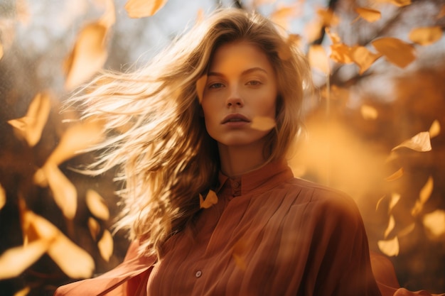 beautiful blonde woman with autumn leaves blowing in the wind