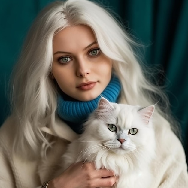 Beautiful blonde woman with big blue eyes holds Persian cat in her arms woman and cat are similar