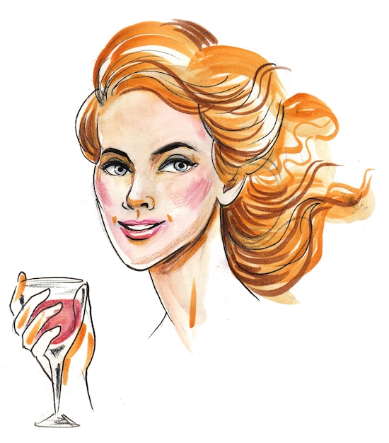 Beautiful blonde woman with a glass of red wine. Ink and watercolor drawing