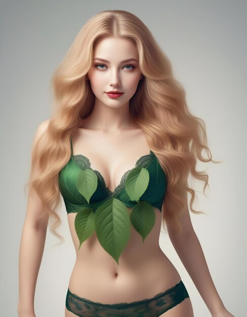 Beautiful blonde woman with green leaves in her hair Beauty fashion