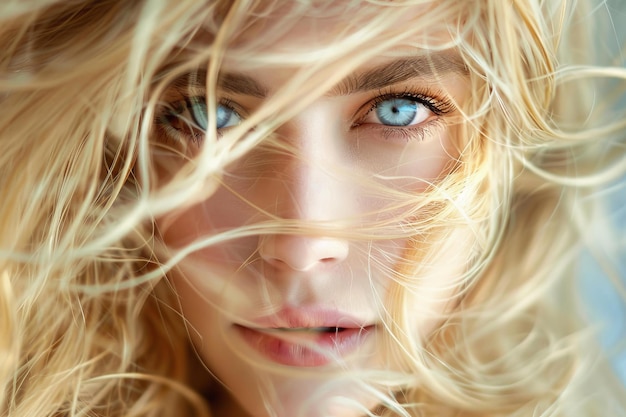 Beautiful blonde woman with long hair flowing in the wind is posing for beauty portrait