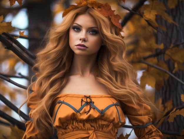 a beautiful blonde woman with long red hair in an autumn dress