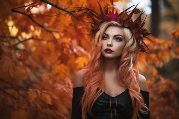 beautiful blonde woman with orange hair in autumn leaves