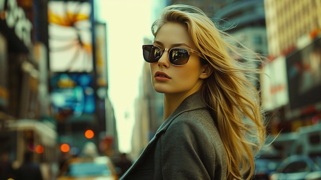 A beautiful blonde woman with sunglasses exudes elegance amidst a bustling cityscape