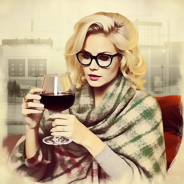 beautiful blonde woman with wine glasses in a cold and woollen blanket at home