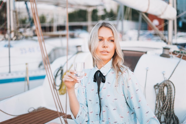 Photo beautiful blonde young woman in blue dress with glass of soda on boat at pier in the sunset time