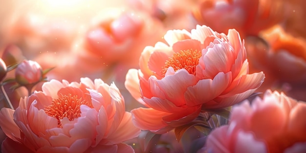 Beautiful blooming peonies bathed in warm sunlight Stunning floral background