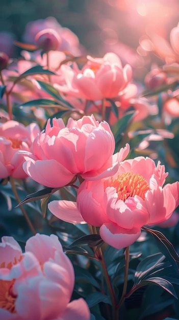 Beautiful blooming pink peonies bathed in sunlight creating a vibrant and romantic floral background