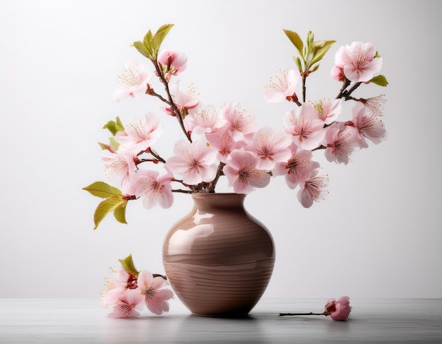 Beautiful Blooms Pink Cherry Branch in Vase on White Background